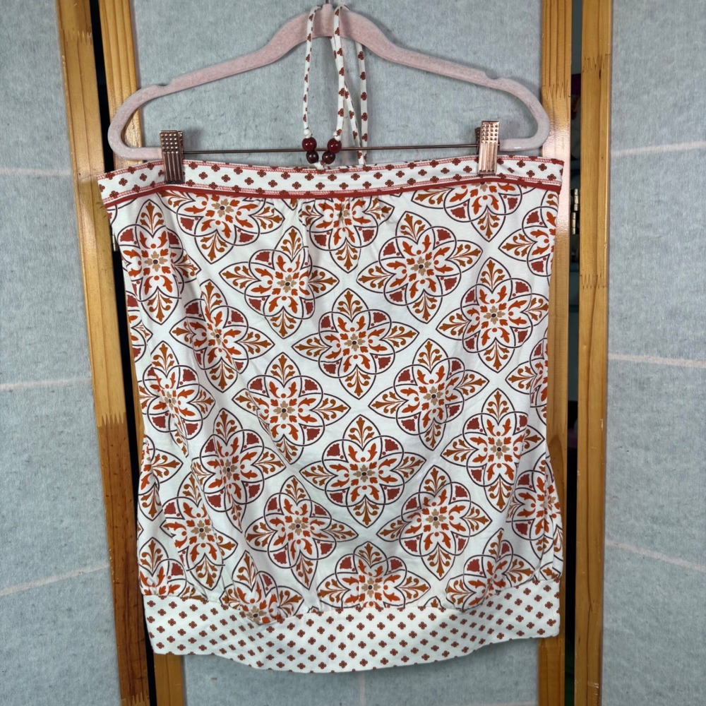 FANG Halter Top XL White Orange Medallion Print Beaded Boho Y2K Cotton Blend